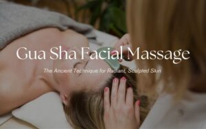 Promotional banner text overlay reading 'Gua Sha Facial Massage' showing a professional treatment with a green jade stone by Lumi Glow Bangkok.