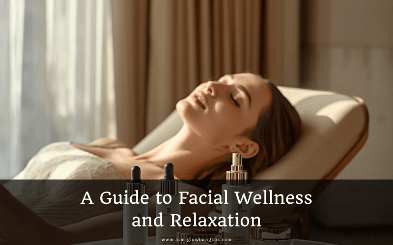 Promotional blog header banner titled 'A Guide to Facial Wellness and Relaxation' by Lumi Glow Bangkok, featuring a woman resting next to premium skincare products.
