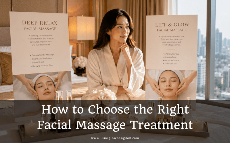 Promotional menu banner titled 'How to Choose the Right Facial Massage Treatment' from www.lumiglowbangkok.com, comparing Deep Relax and Lift & Glow service options.