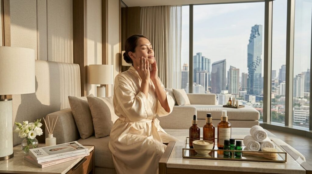 A client in a silk robe admiring her glowing skin after an in-room premium facial treatment session by Lumi Glow Bangkok massage delivery.