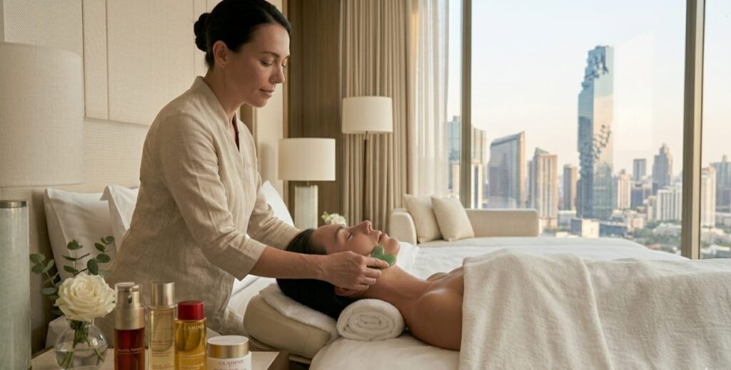 Close-up of premium skincare products on a bedside table while a Lumi Glow therapist performs an in-room holistic face sculpting massage with a green jade stone against a Bangkok skyline background.