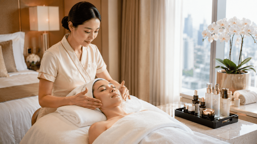 A relaxed woman in a white bathrobe enjoying a warm drink on a luxury bed with a stunning Bangkok city skyline view, promoting Lumi Glow mobile spa delivery.