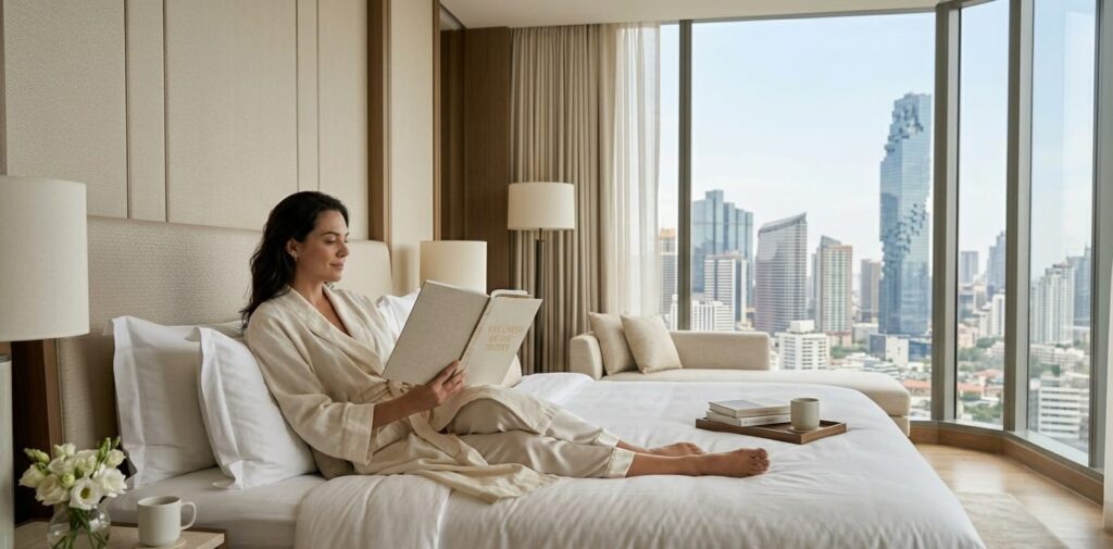 A relaxed woman in a premium bathrobe reading a book on a luxury bed overlooking the central Bangkok skyscraper skyline, promoting Lumi Glow mobile facial massage delivery.