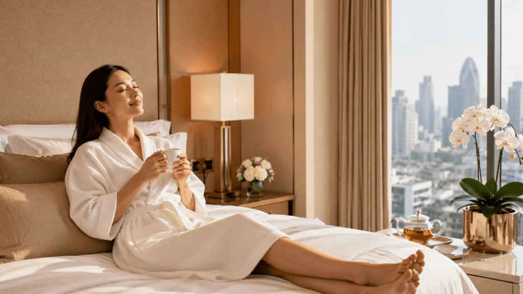 A professional therapist performing a luxury manual lifting facial massage on a client in a high-rise hotel room overlooking the Bangkok city skyline, showcasing Lumi Glow's delivery service.