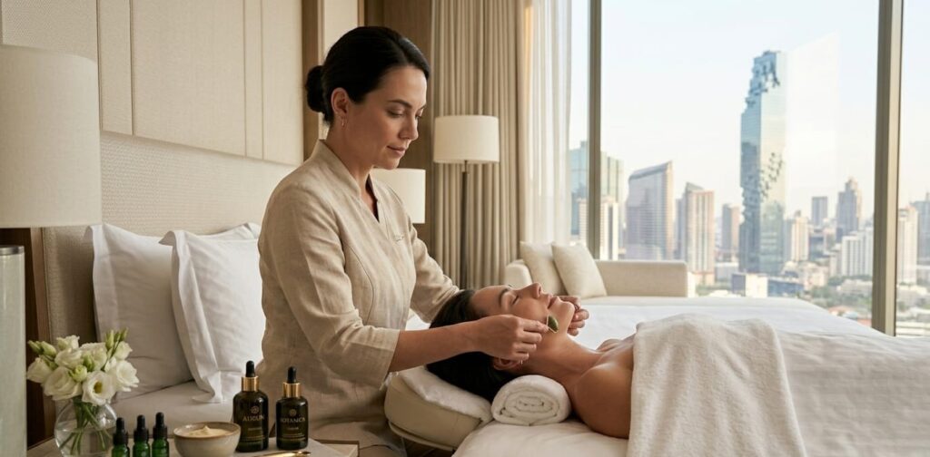 A professional therapist performing a luxury jade roller facial massage on a client in a high-rise hotel room overlooking the Bangkok city skyline, showcasing Lumi Glow's delivery service.