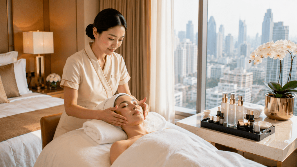A professional therapist performing a luxury manual lifting facial massage on a client in a high-rise hotel room overlooking the Bangkok city skyline, showcasing Lumi Glow's delivery service.