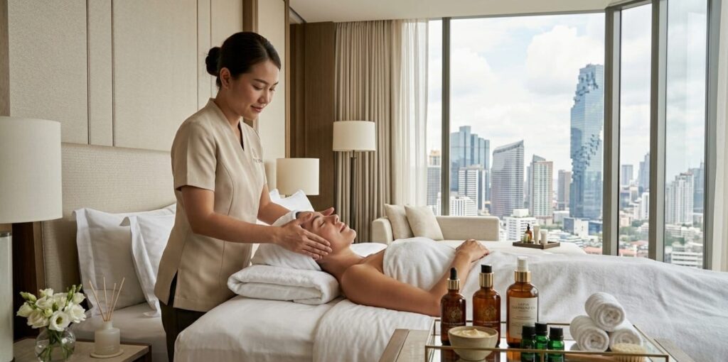 A professional therapist performing a luxury facial massage on a client in a high-rise hotel room overlooking the Bangkok city skyline, showcasing Lumi Glow's delivery service.