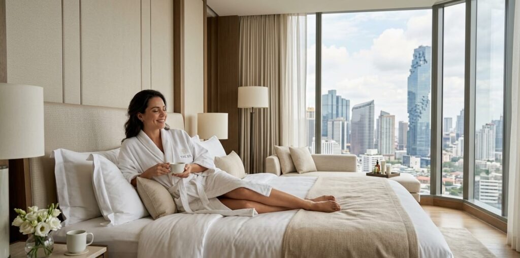 Client relaxing on a bed in a luxury Bangkok high-rise suite before a premium on-site facial treatment session from Lumi Glow massage delivery.