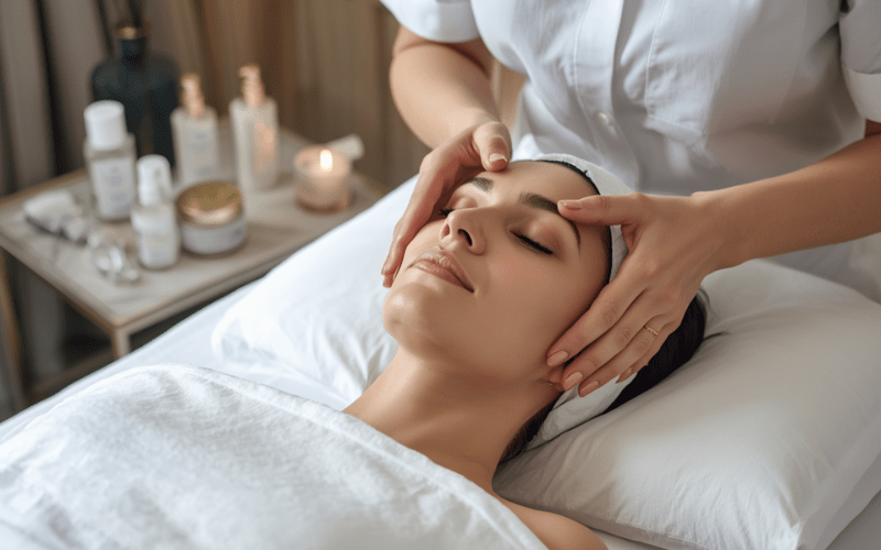 Close-up of a client receiving a relaxing anti-aging facial massage from a Lumi Glow therapist with luxury skincare creams and a lit candle in the background.